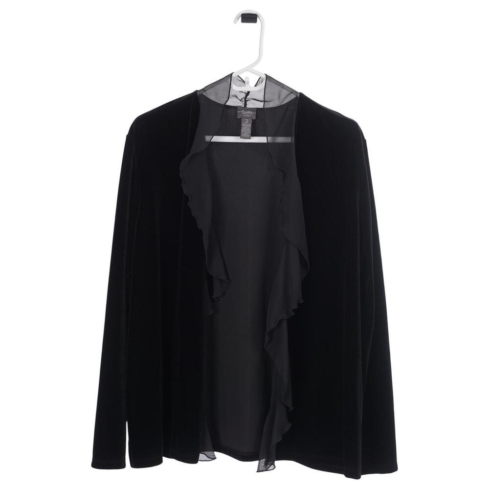 Chico's Traveler Cardigan 2/L Black Velour Velvet Open Front Chiffon Ruffle Trim